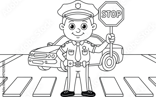 Cartoon police officer directing traffic at a crosswalk