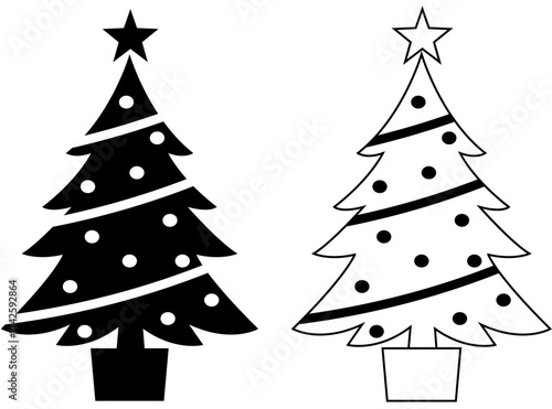 Christmas tree with baubles and tinsel design element in black silhouette and outline, Festive xmas graphic