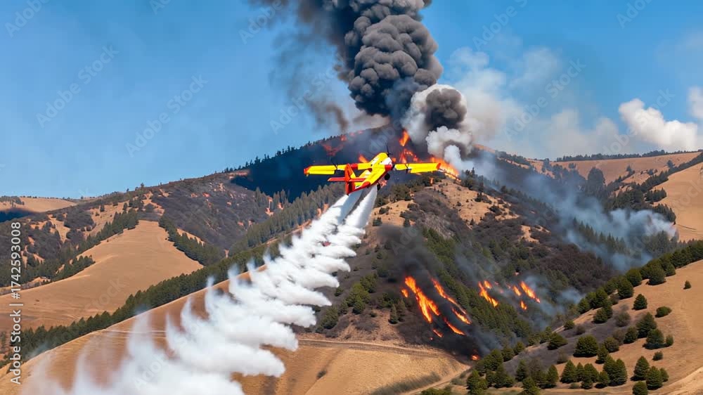 Aerial Stream Firefighting Vidéo Stock Firefighting seaplane releasing water stream over intense ...