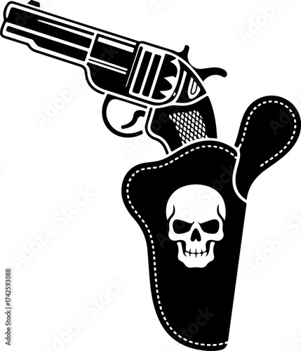 Silhouette of a vintage revolver pistol in a holster with a skull emblem