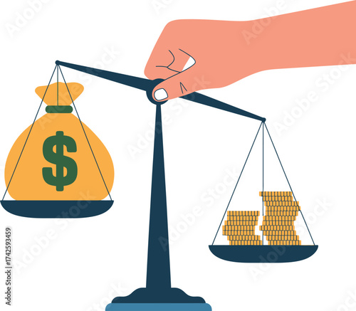 Hand balances scale with money bag and coins representing financial balance and investment growth