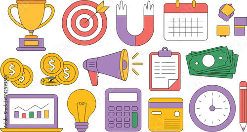Business success icons trophies targets money laptop calculator and calendar for growth strategy concepts