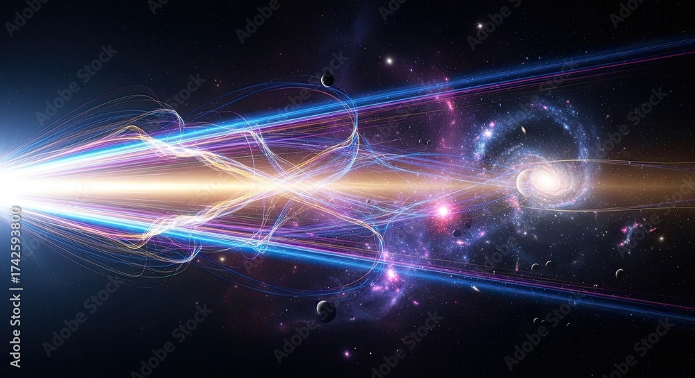 Fototapeta premium Abstract Cosmic Nebula Formation With Swirling Galaxies And Planetary Orbits