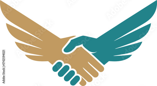 Symbol of handshake with outstretched wings suggesting partnership success and rapid growth