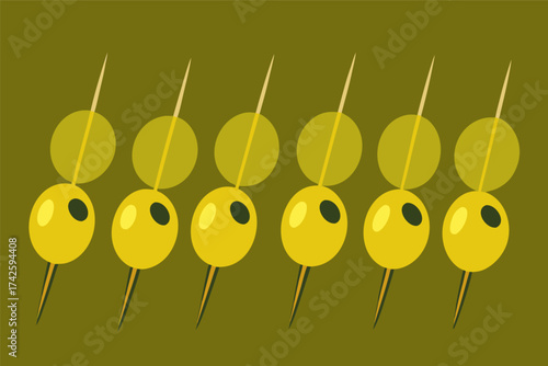 Minimalist Flat Design Illustration of Olives on Toothpicks for Appetizer Concept