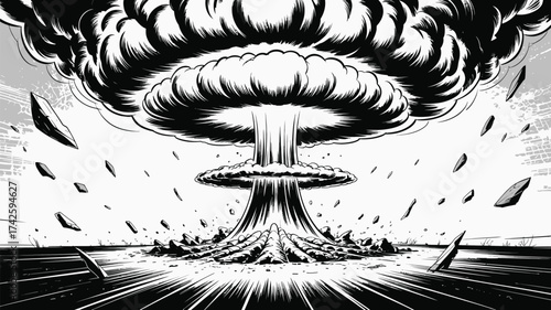 Dramatic nuclear explosion black and white comic book style vector illustration vector