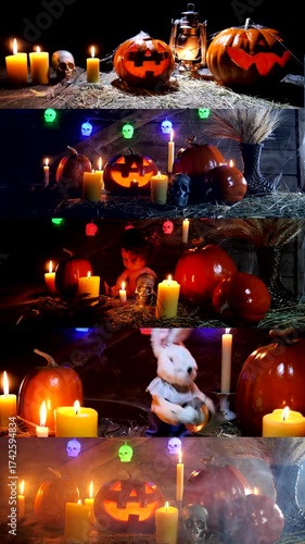 A pumpkin, a traditional symbol of Halloween. Halloween party. Collage, multi-screen.