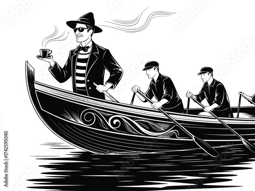 Black and white woodcut style illustration of a gentleman enjoying coffee in a gondola with rowers vector