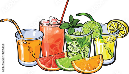 Colorful Summer Drinks with Citrus Fruits – Vector Illustration