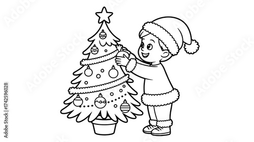 Joyful child decorating Christmas tree with ornaments, creating a festive holiday scene full of wonder and childlike excitement for winter