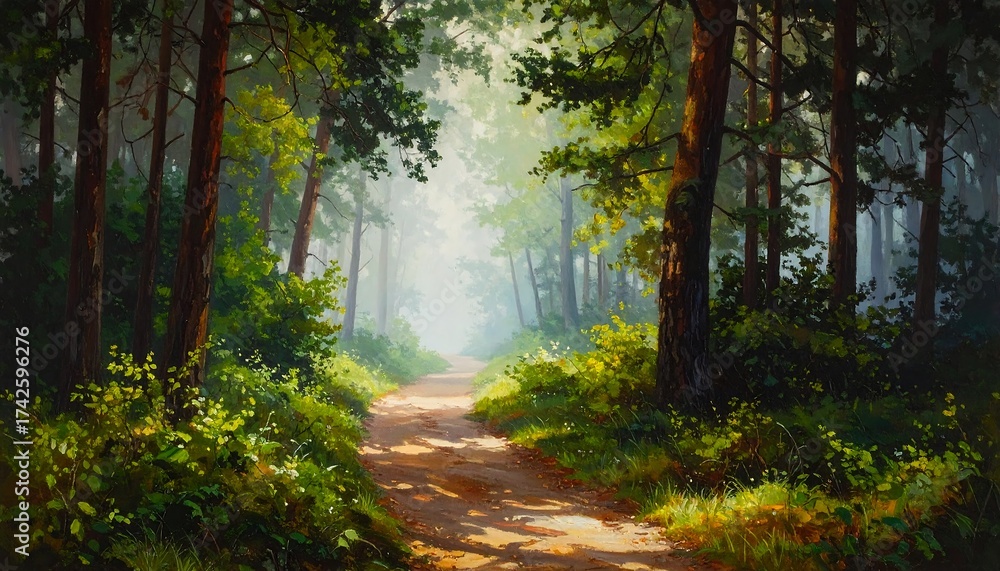 Obraz premium Sunlit Path Through a Lush Green Forest Landscape.