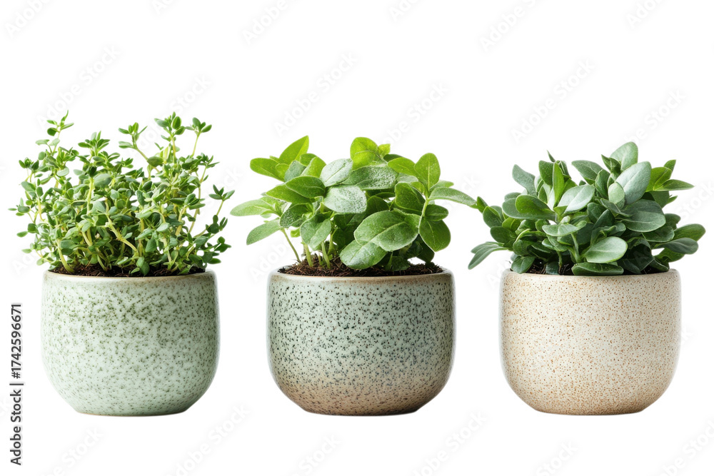 Fototapeta premium Three small potted houseplants in ceramic planters isolated on Transparent Background