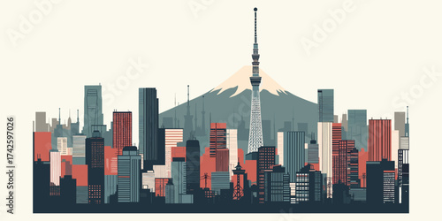 Panoramic cityscape illustration featuring a silhouette of Mount Fuji behind a dense collection of modern skyscrapers in varying colors
