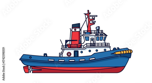Cartoon Tugboat Illustration with Blue Hull and Red Details.