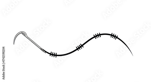 Simple Black and White Surgical Suture and Needle Illustration.