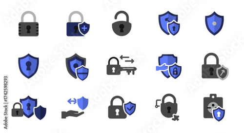 A grid of 15 distinct flatstyle icons depicting padlocks and shields in blue and gray