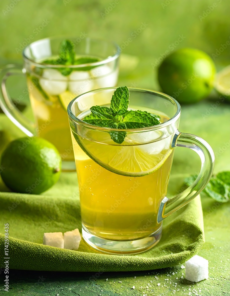 Fototapeta premium Refreshing Lime and Mint Tea - A Zesty Summer Drink.