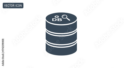 Isometric Database Cylinder Icon with Magnifying Glass and DB.