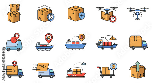 Collection of 15 flatdesign icons related to logistics and shipping