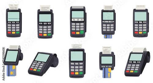 Collection of pointofsale POS payment terminal icons showing card insertion and receipt printing