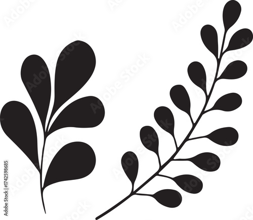 Two simple black silhouette botanical branches with delicate leaves on a white background