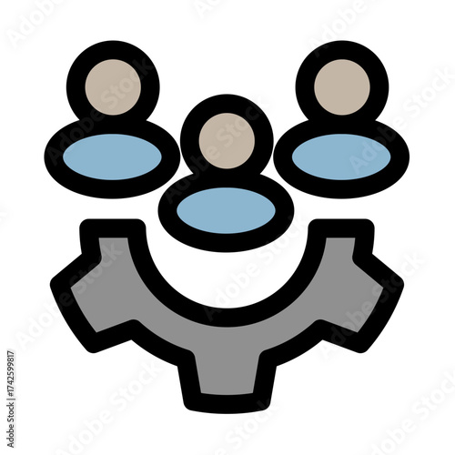 This modern icon depicts three people collaborating around a gear- symbolizing teamwork and agile project management. Perfect for presentations and software interfaces.