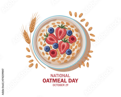 National Oatmeal Day vector. Bowl of oatmeal with berries icon vector. Healthy cereal breakfast with fruits icon vector. Oat flakes breakfast design element. October 29.