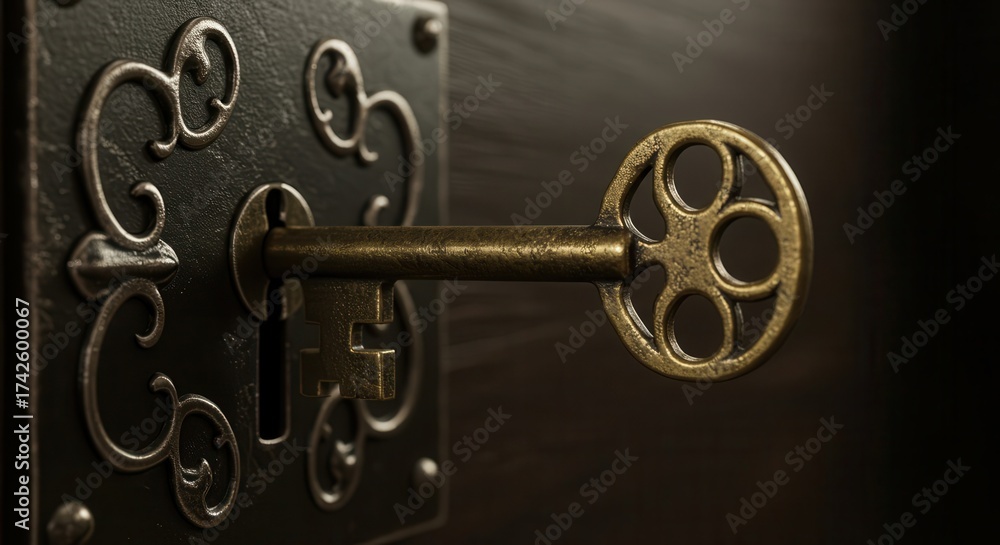 Obraz premium Intricate antique key inserted into a dark, detailed lock, suggesting mystery and unlocking potential within a warm, shadowy environment.
