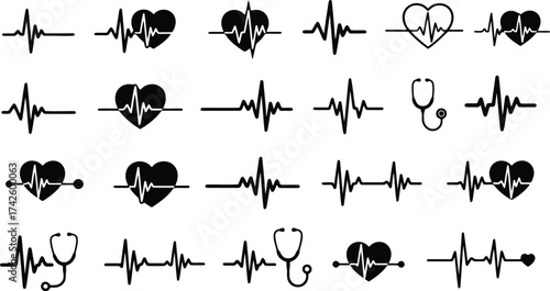 Collection of heartbeat pulse ecg lines and heart silhouettes for medical health concepts