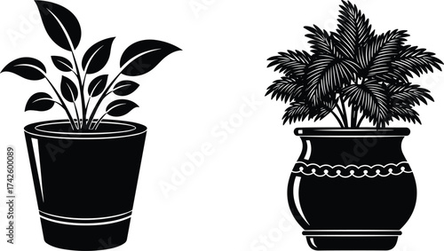 Potted plant vector, indoor houseplant illustration, decorative pot design, botanical home decor icon, black and white foliage graphic, garden element art