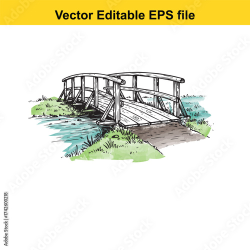 Vector art of wooden footbridge crosses a small stream with grassy banks