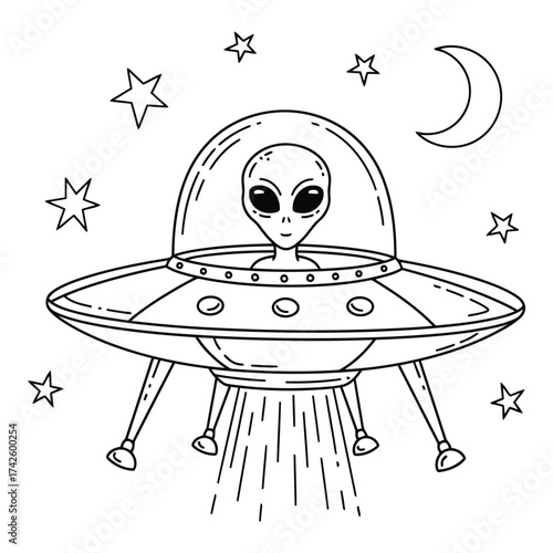 Vector art of cute alien in a flying saucer