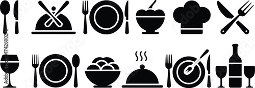 Set of food and catering icons featuring plate fork knife spoon tableware symbols for menu design and restaurant branding