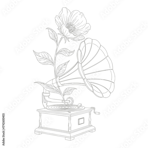 Vector art of vintage gramophone with flower