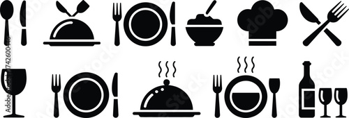 Set of food and catering icons featuring plate fork knife spoon tableware symbols for menu design and restaurant branding