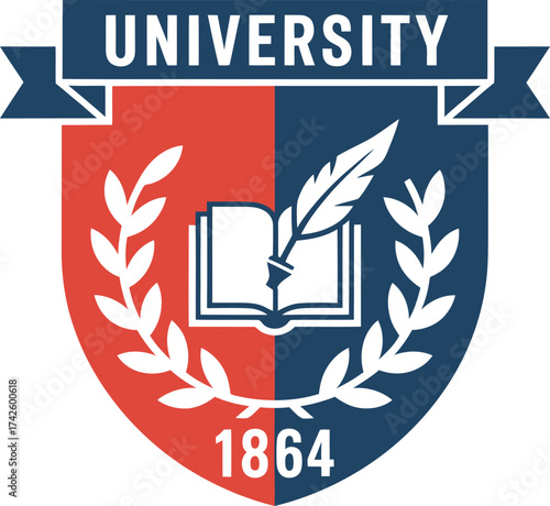 University emblem with open book quill and laurel wreath symbolizing knowledge and achievement