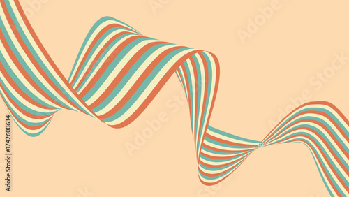 Dynamic, wavy pattern of teal, orange, and cream stripes creates sense of movement against soft beige background, evoking retro and playful vibe