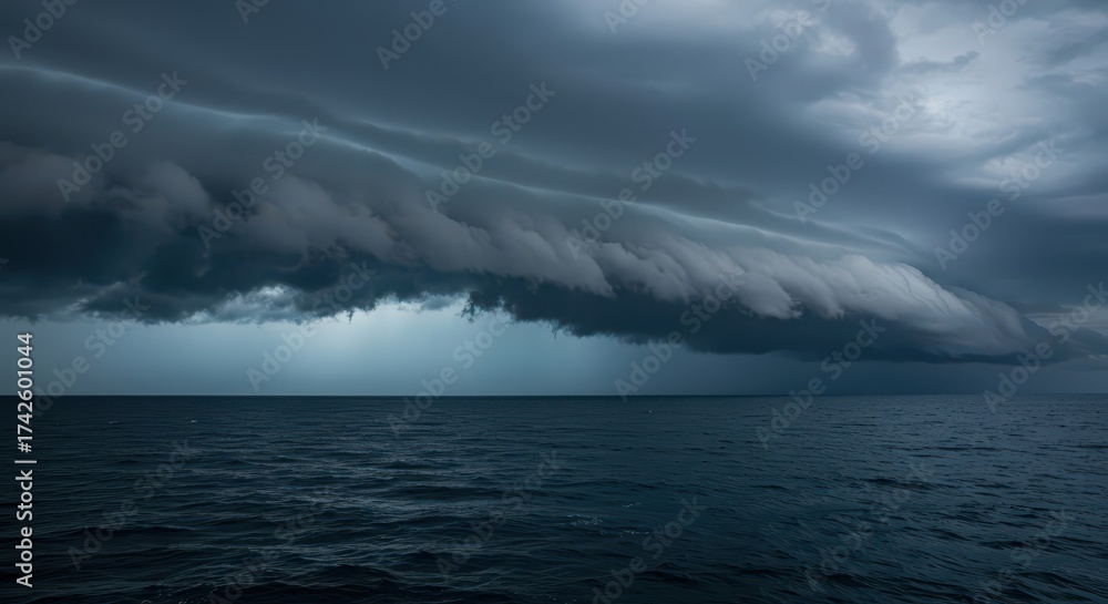 Naklejka premium Dramatic seascape showcases ominous, layered storm clouds hovering over the dark ocean water, creating a moody atmosphere filled with potential for intense weather, with deep blue and gray tones...