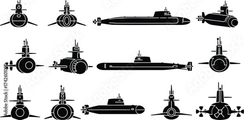 Collection of submarine silhouettes showing different angles and perspectives