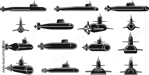 Collection of seawolf class submarines in various views and configurations for military design