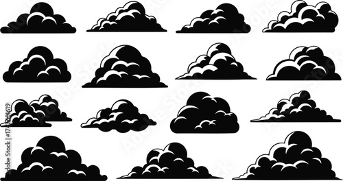 Collection of diverse cumulus cloud silhouettes for graphic design projects
