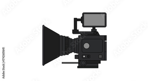 Professional Film Camera with Lens Hood and Monitor.