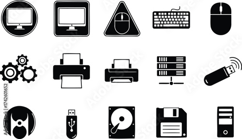 Diverse computer technology icons collection for digital projects and web design