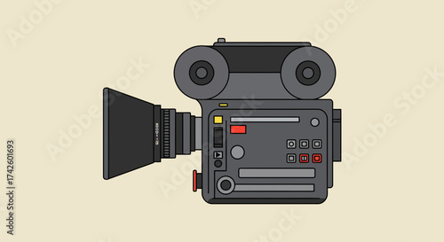 Vintage Film Camera Illustration with Lens Hood and Detailed Controls.