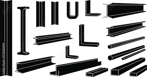 Collection of steel profiles structural components for infrastructure and construction industry silhouettes