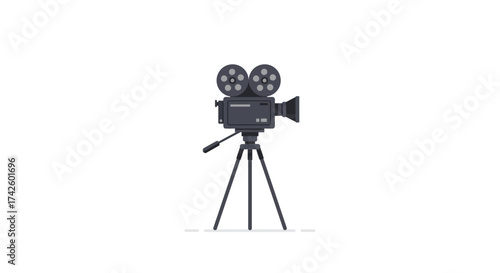 Vintage Film Camera on Tripod Classic Movie Equipment.
