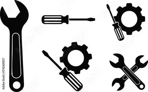 Set of service and tool icons wrench screwdriver gear cogwheel for repair maintenance industry construction