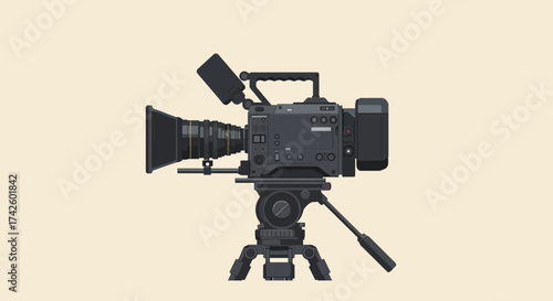 Professional Broadcast Video Camera on Tripod Dark Gray Color.