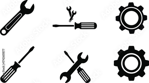 Collection of industrial tools and mechanical gear icons for service and repair concepts