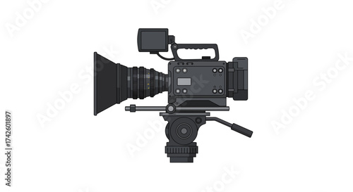 Professional Video Camera with Lens Hood and Tripod.